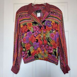 Vtg Carol Little Top Size 8 Floral Cinch Waist Long Sleeve Colorful